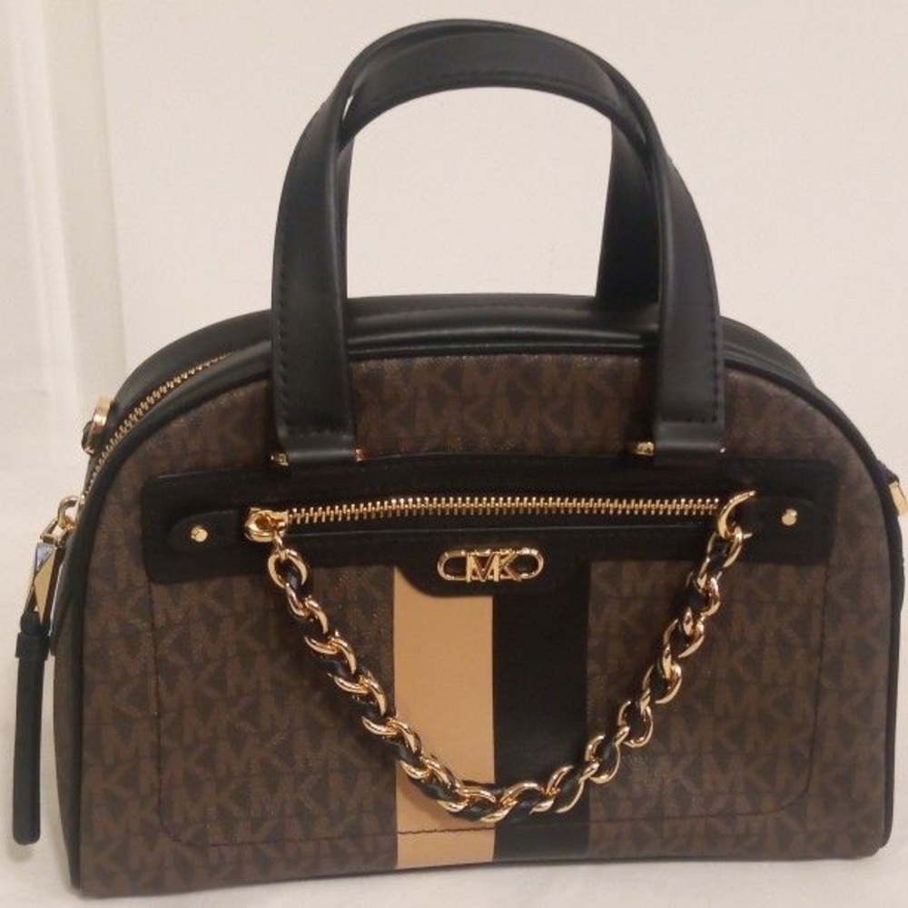 Michael Kors Black and Brown Satchel with Gold Chain